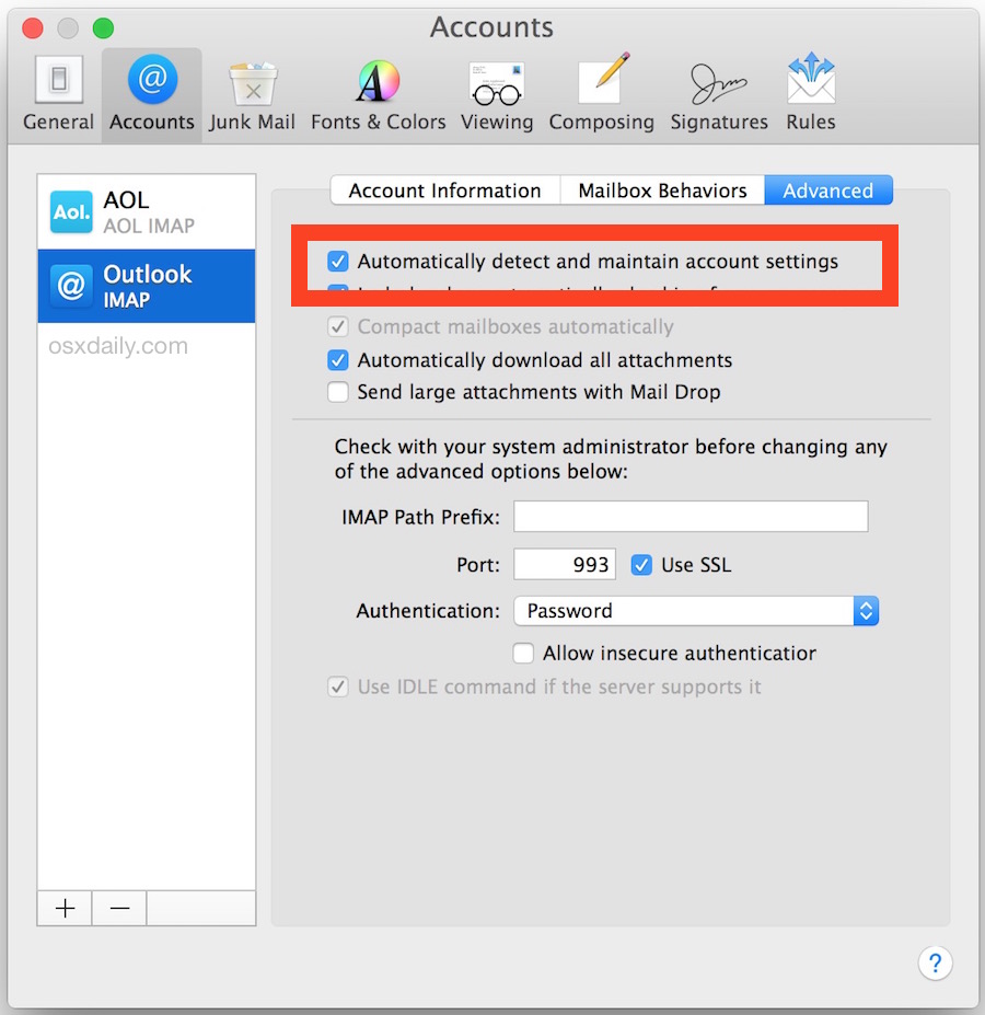 outlook for mac not receiving mail from aol